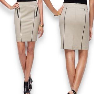 Ann Taylor Faux Leather Trim Pencil Skirt In Tan With Black Trim